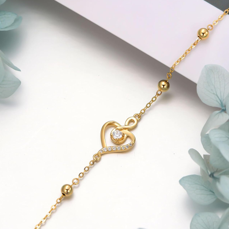 Bracciale con perline in oro bianco 10K, zirconi cubici, ciondolo a forma di cuore e simbolo dell'infinito-3