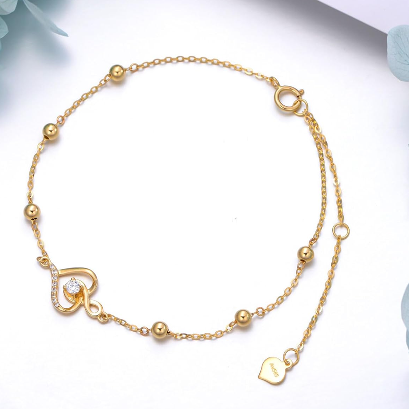 Bracciale con perline in oro bianco 10K, zirconi cubici, ciondolo a forma di cuore e simbolo dell'infinito-4
