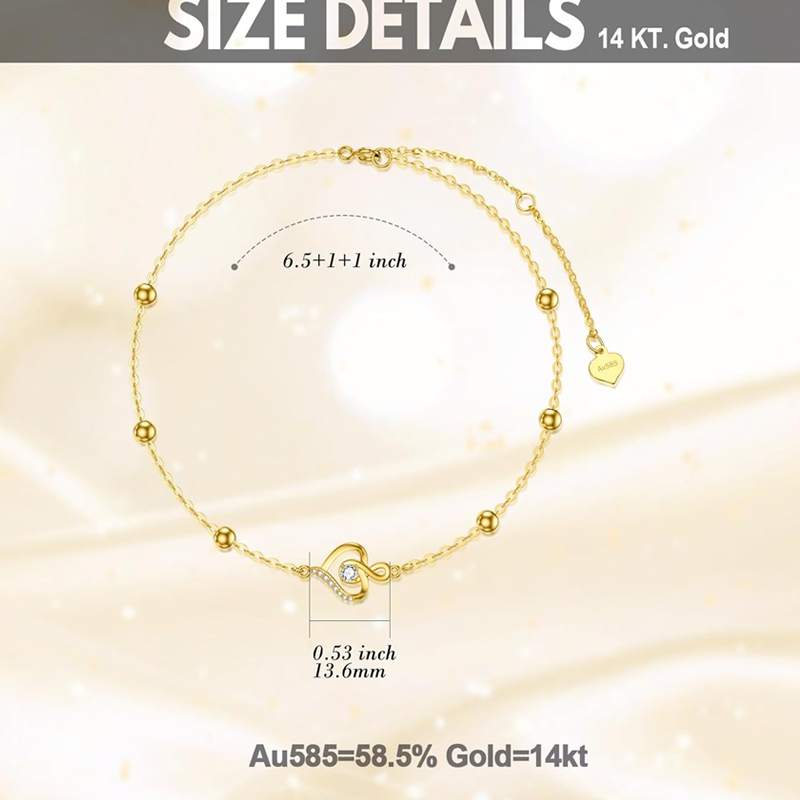 Bracciale con simbolo dell'infinito a forma di cuore con perline di zirconi cubici in oro 10K per donna-5