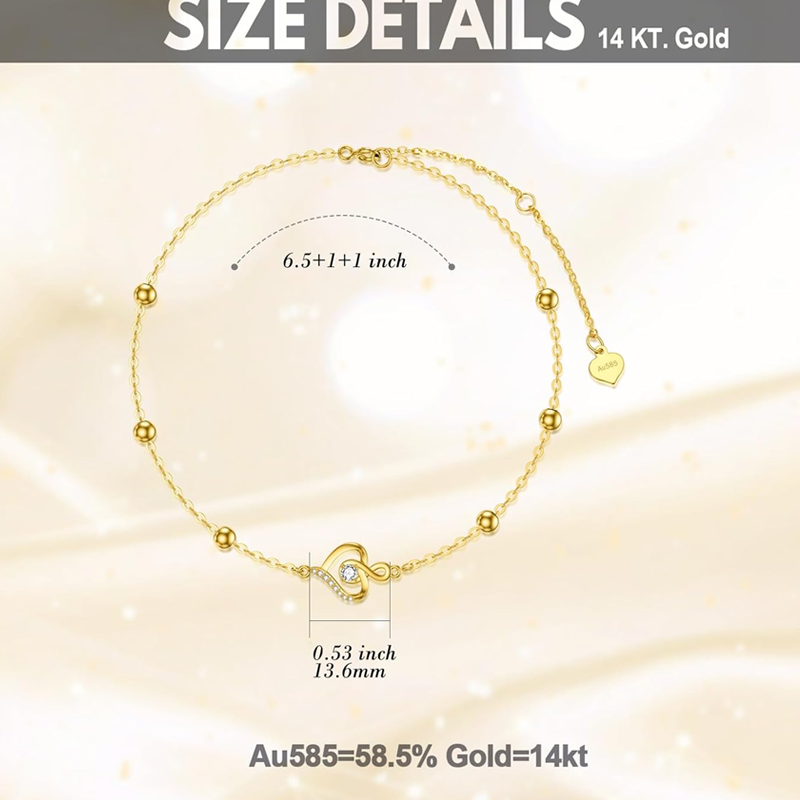 Bracciale con perline in oro bianco 10K, zirconi cubici, ciondolo a forma di cuore e simbolo dell'infinito-5