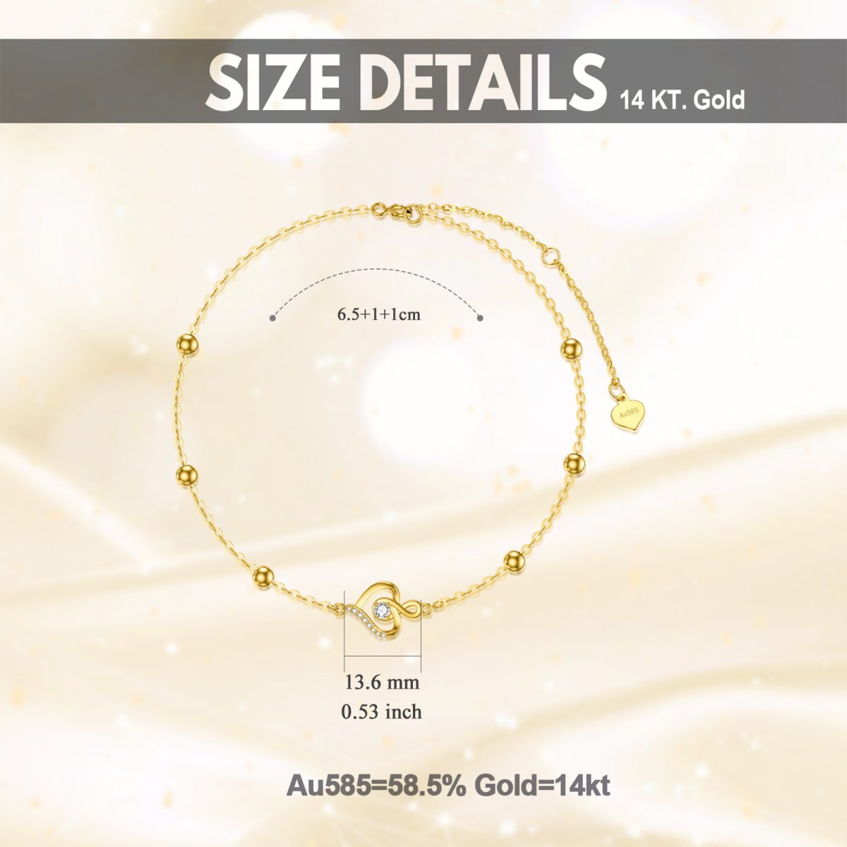 10K Gold Cubic Zirconia Bead Heart Infinity Symbol Charm Bracelet-5