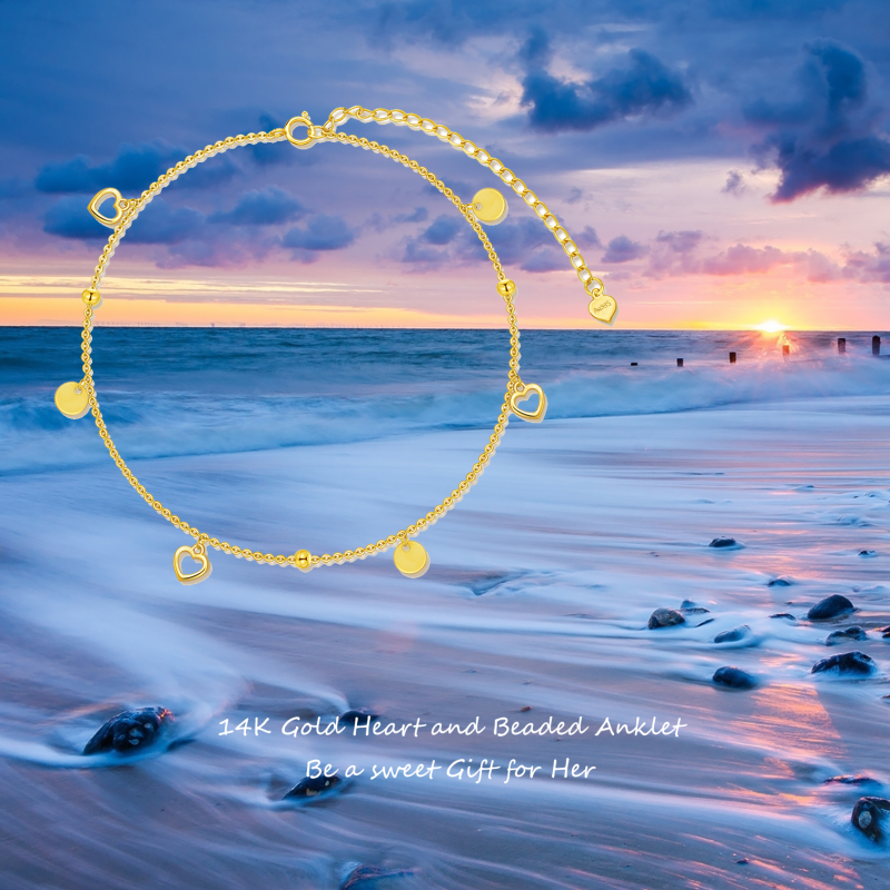 خلخال من الذهب الأبيض عيار 10 قيراط مع خرز وقلب من طبقة واحدة-5