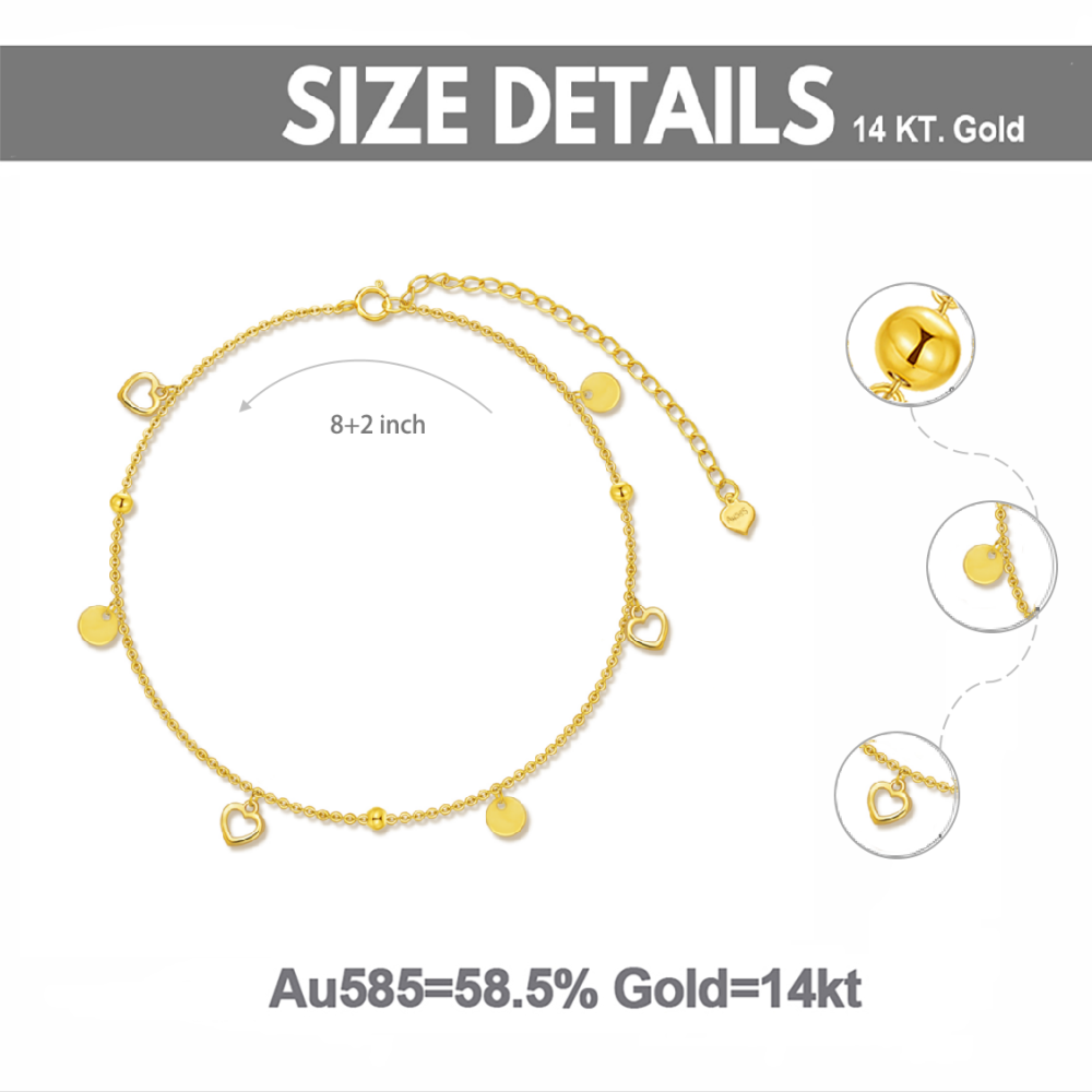 10K Gold Bead & Heart Single Layer Anklet-6