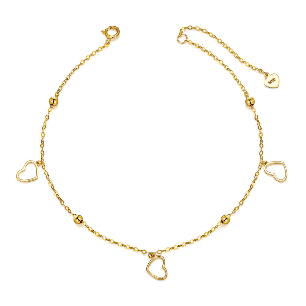 10K Gold Bead & Heart Single Layer Charm Anklet-1