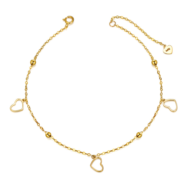 10K Gold Bead & Heart Single Layer Charm Anklet-7