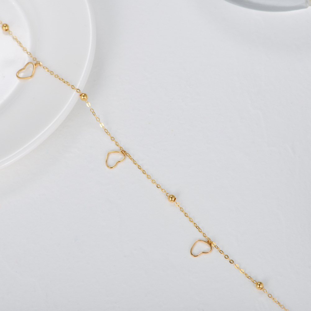10K Gold Bead & Heart Single Layer Charm Anklet-3