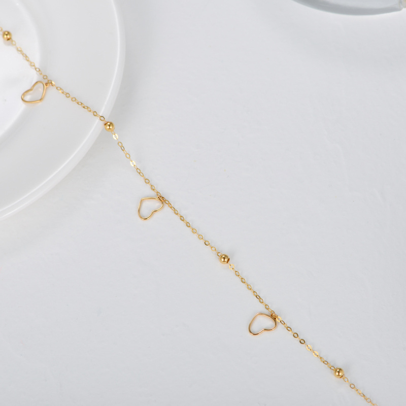 Tornozeleira de camada única com pendente de coração e contas em ouro branco 10K-3