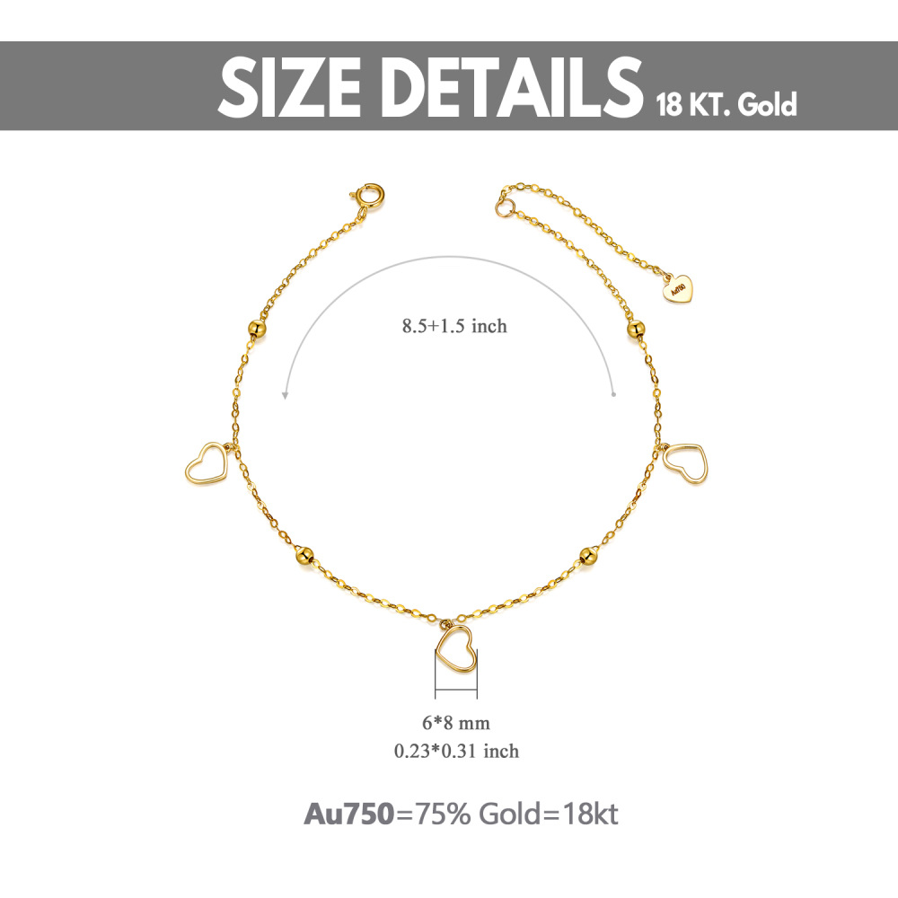 10K Gold Bead & Heart Single Layer Charm Anklet-5