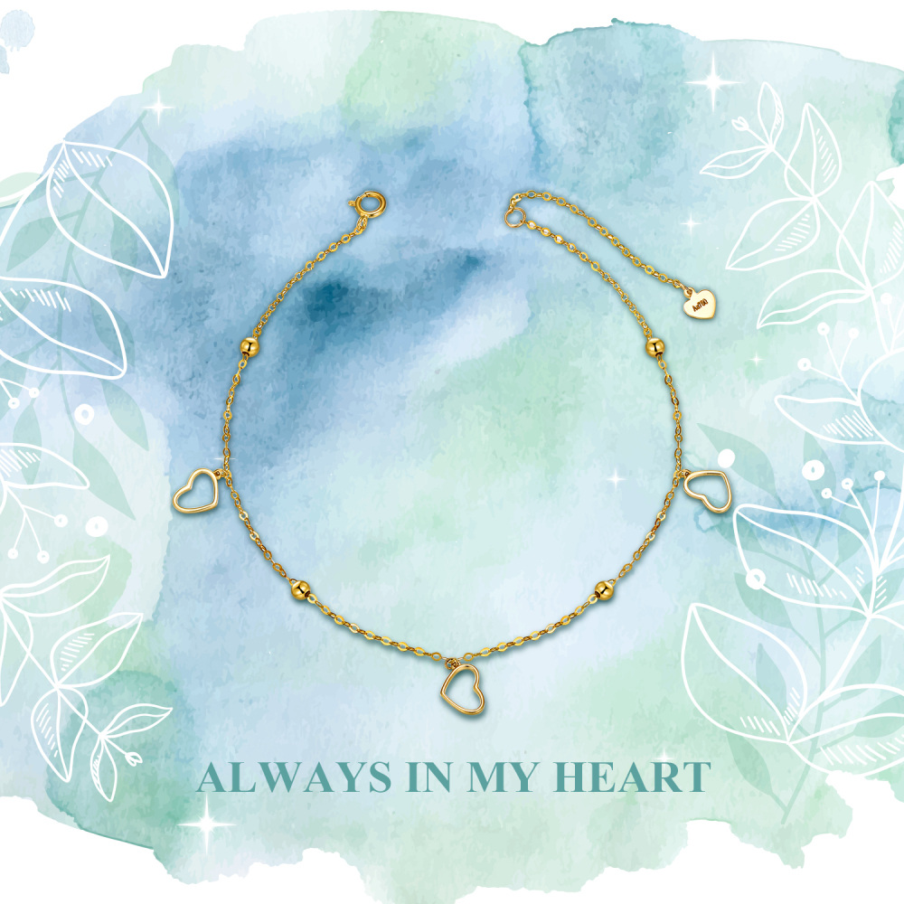 10K Gold Bead & Heart Single Layer Charm Anklet-6