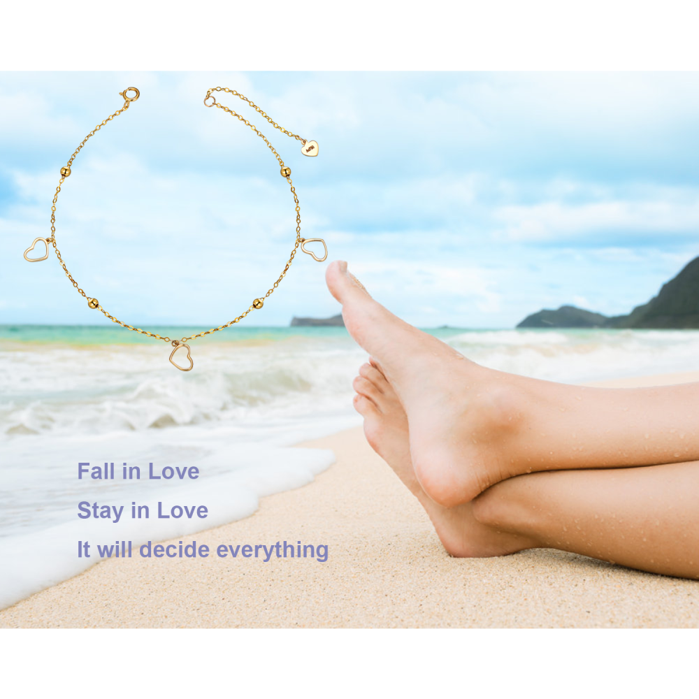10K Gold Bead & Heart Single Layer Charm Anklet-7