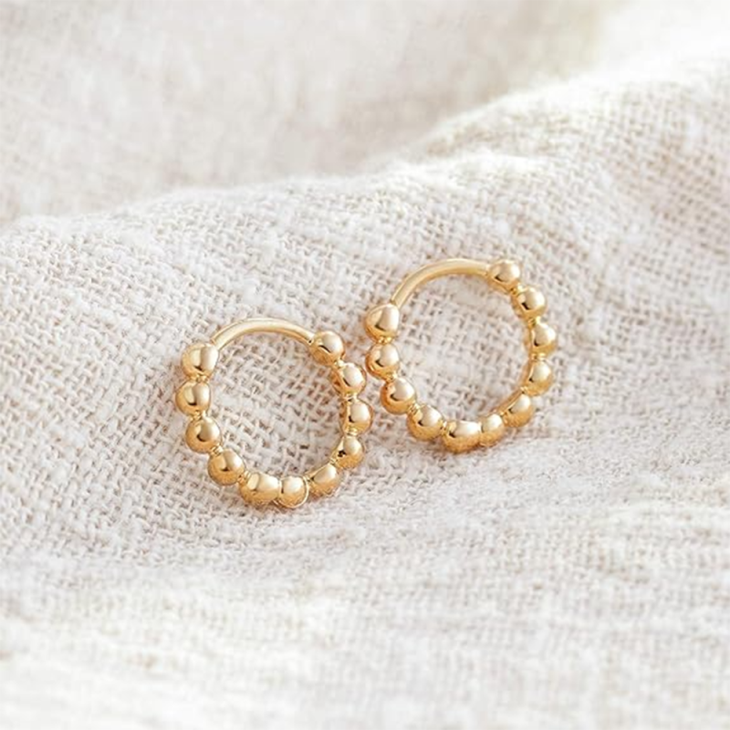 Sterling Silver with Yellow Gold Plated Bead Hoop Earrings-4