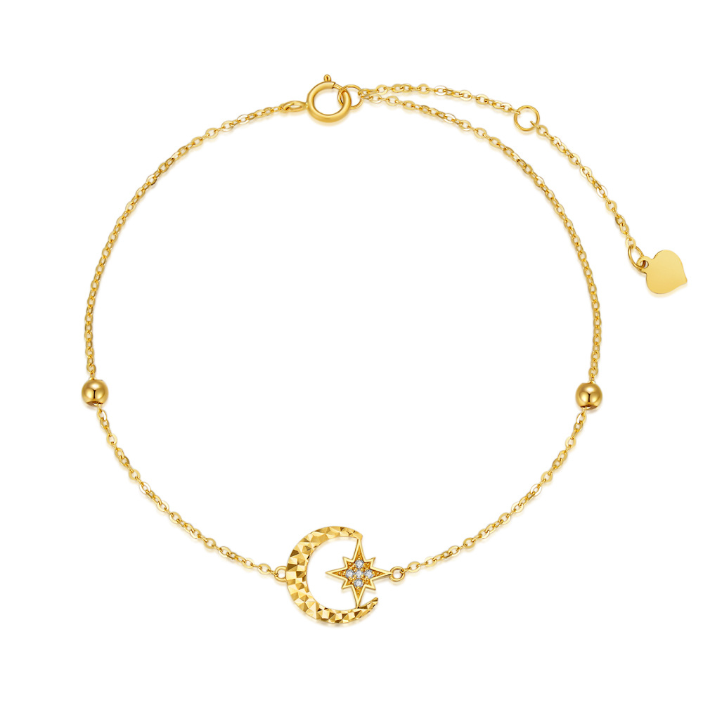 10K Gold Cubic Zirconia Bead & Moon & Star Charm Bracelet-1