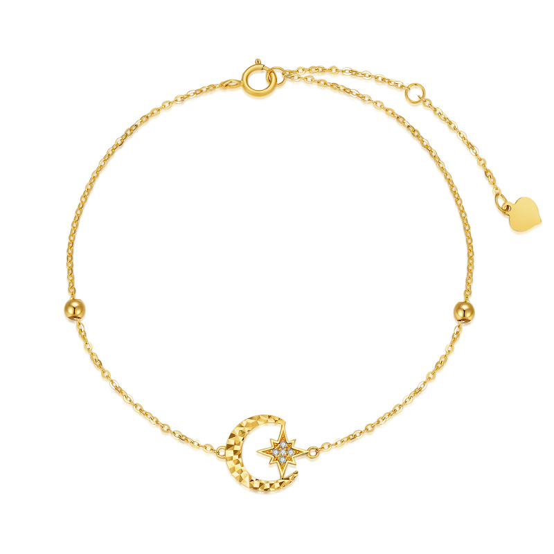 10K Gold Cubic Zirconia Bead & Moon & Star Charm Bracelet-6