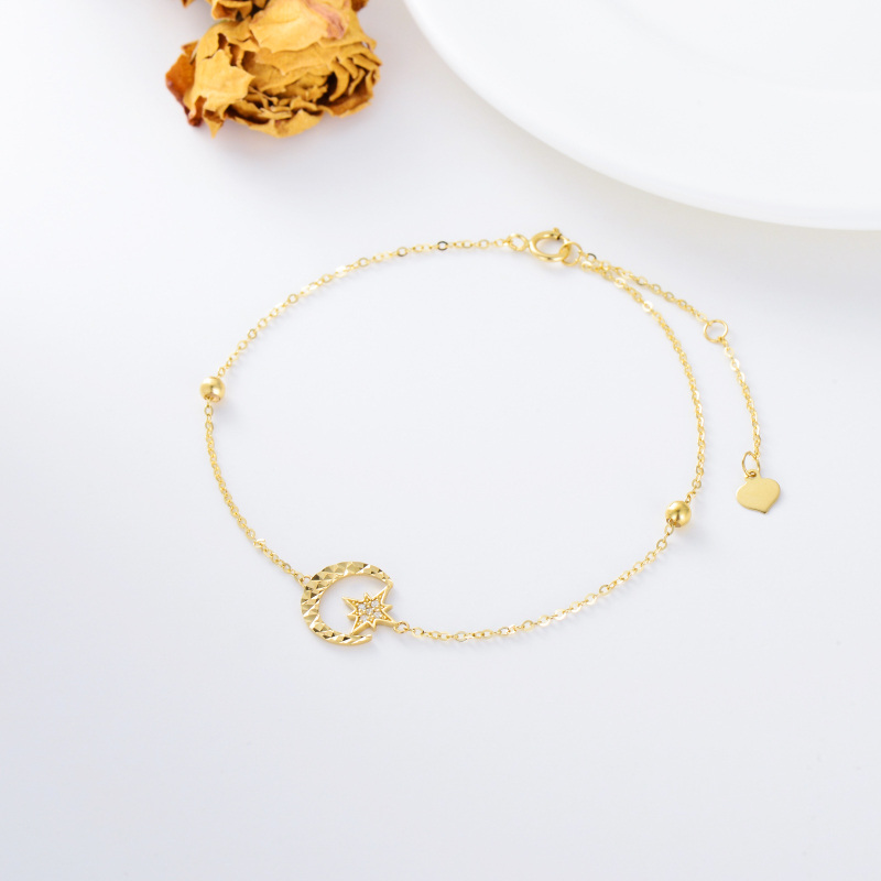 10K Gold Cubic Zirconia Bead & Moon & Star Charm Bracelet-3
