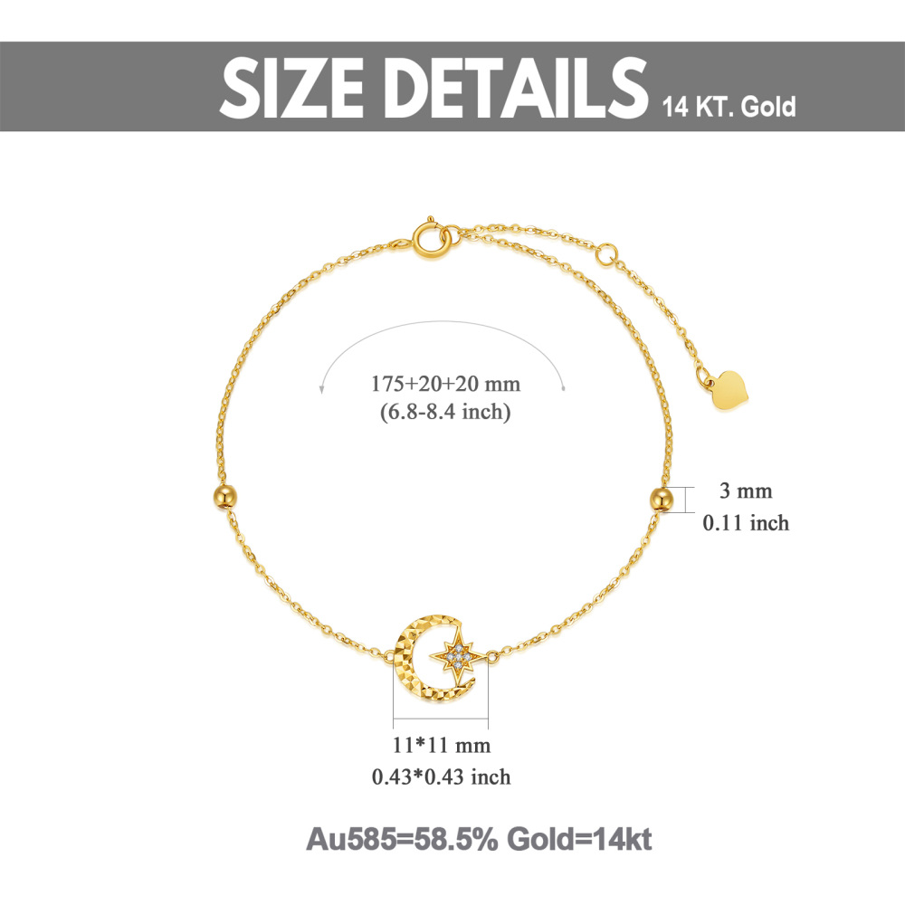 10K Gold Cubic Zirconia Bead & Moon & Star Charm Bracelet-5