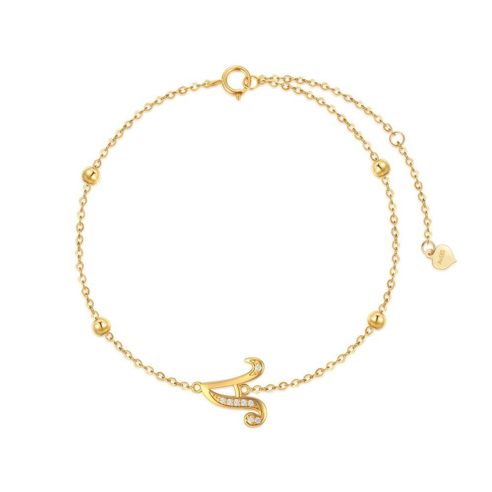 10K Gold Cubic Zirconia Bead Charm Bracelet with Initial Letter A-1