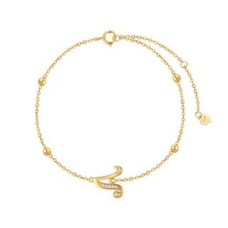 14K Gold Cubic Zirconia Bead Pendant Bracelet with Initial Letter A-5