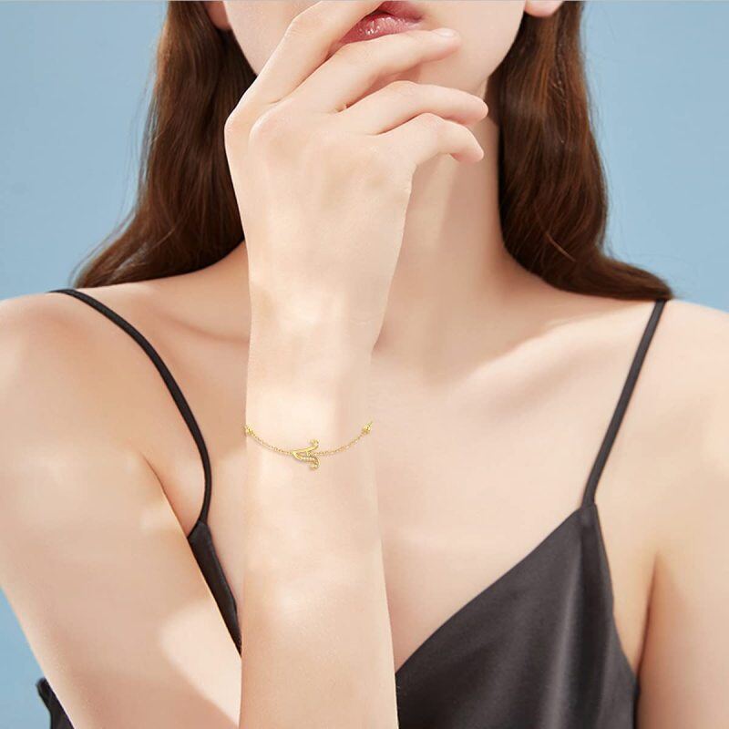 10K Gold Cubic Zirconia Bead Charm Bracelet with Initial Letter A-2