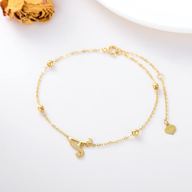 10K Gold Cubic Zirconia Bead Charm Bracelet with Initial Letter A-3