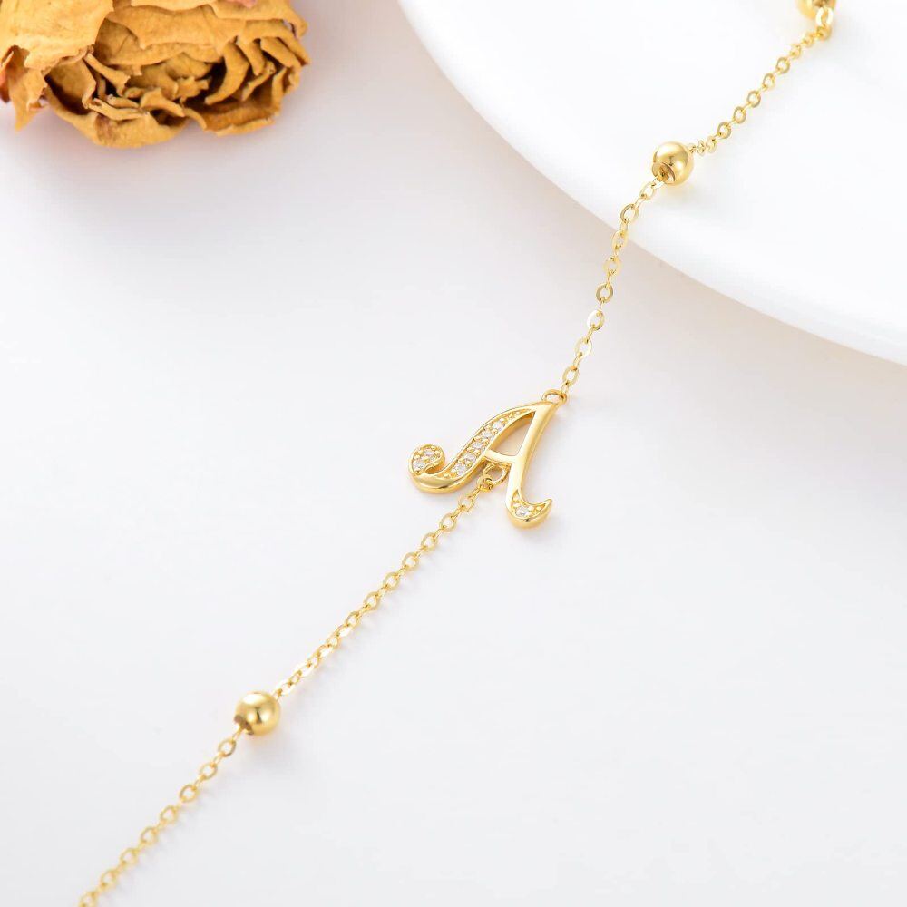 10K Gold Cubic Zirconia Bead Charm Bracelet with Initial Letter A-4