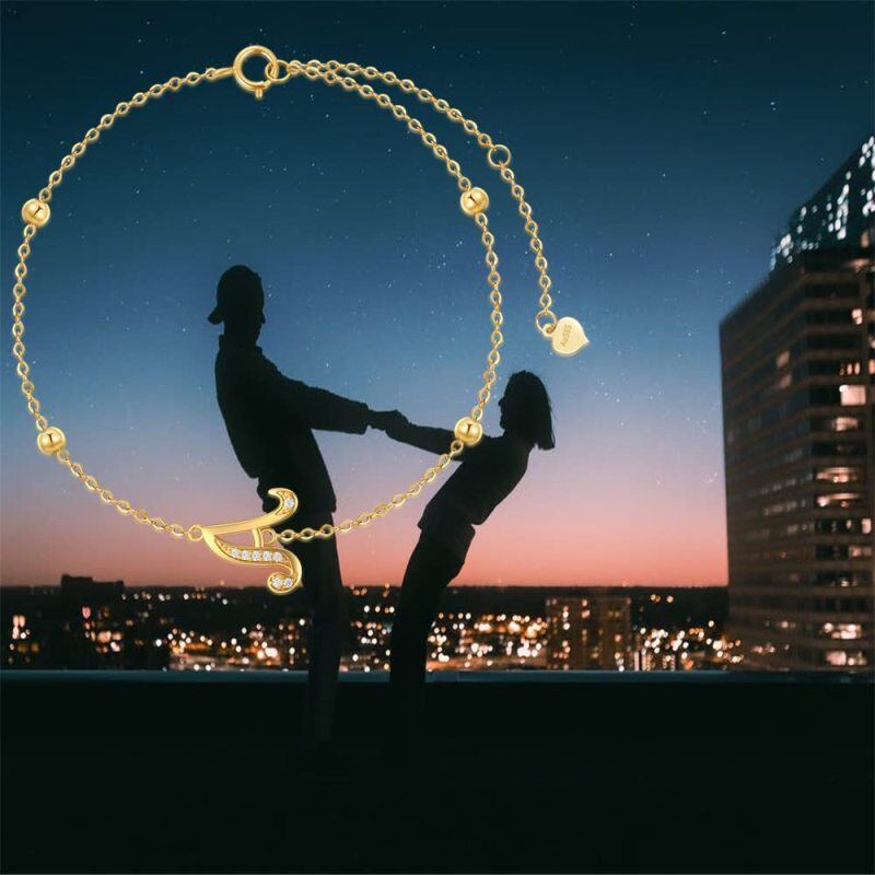 10K Gold Cubic Zirconia Bead Charm Bracelet with Initial Letter A-5