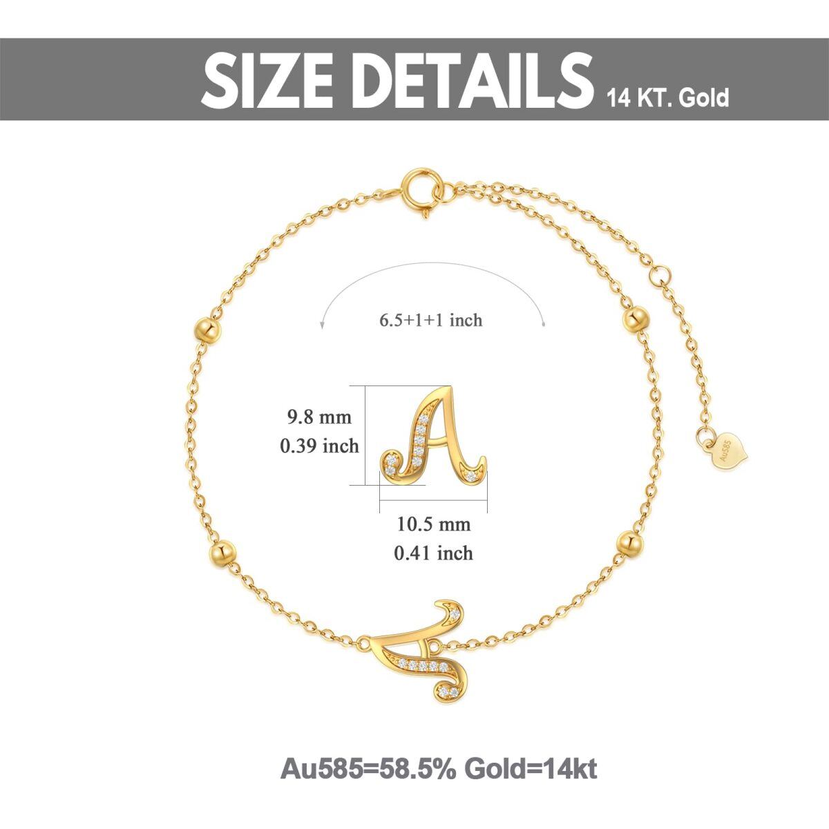 Bracelet en or 14K avec pendentif en zircon cubique et lettre initiale A-6