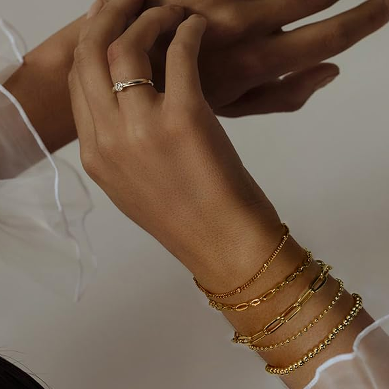 10K Gold Bead Snake Bone Chain Bracelet for Women-2