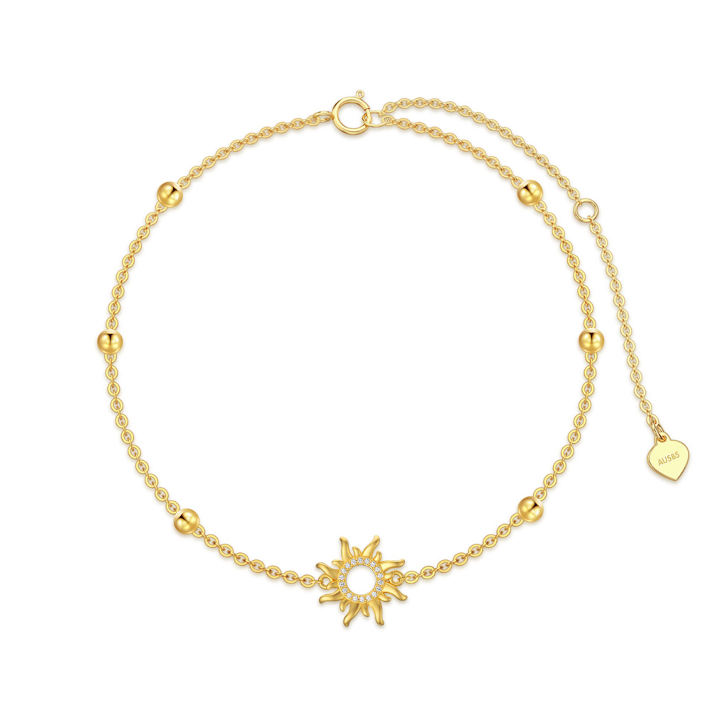 10K Gold Cubic Zirconia Bead & Sun Charm Bracelet-1
