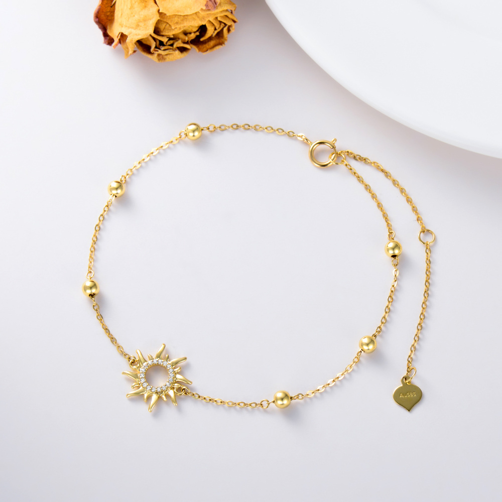 10K Gold Cubic Zirconia Bead & Sun Charm Bracelet-3