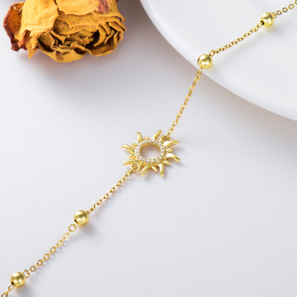 10K Gold Cubic Zirconia Bead & Sun Charm Bracelet-4