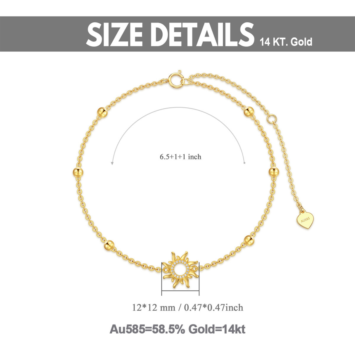 Pulseira com pingente de sol com contas de zircônia cúbica em ouro 14K-5