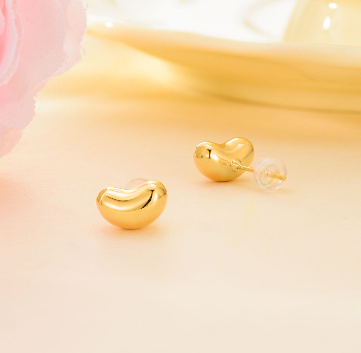 18K Gold Bean Stud Earrings-3