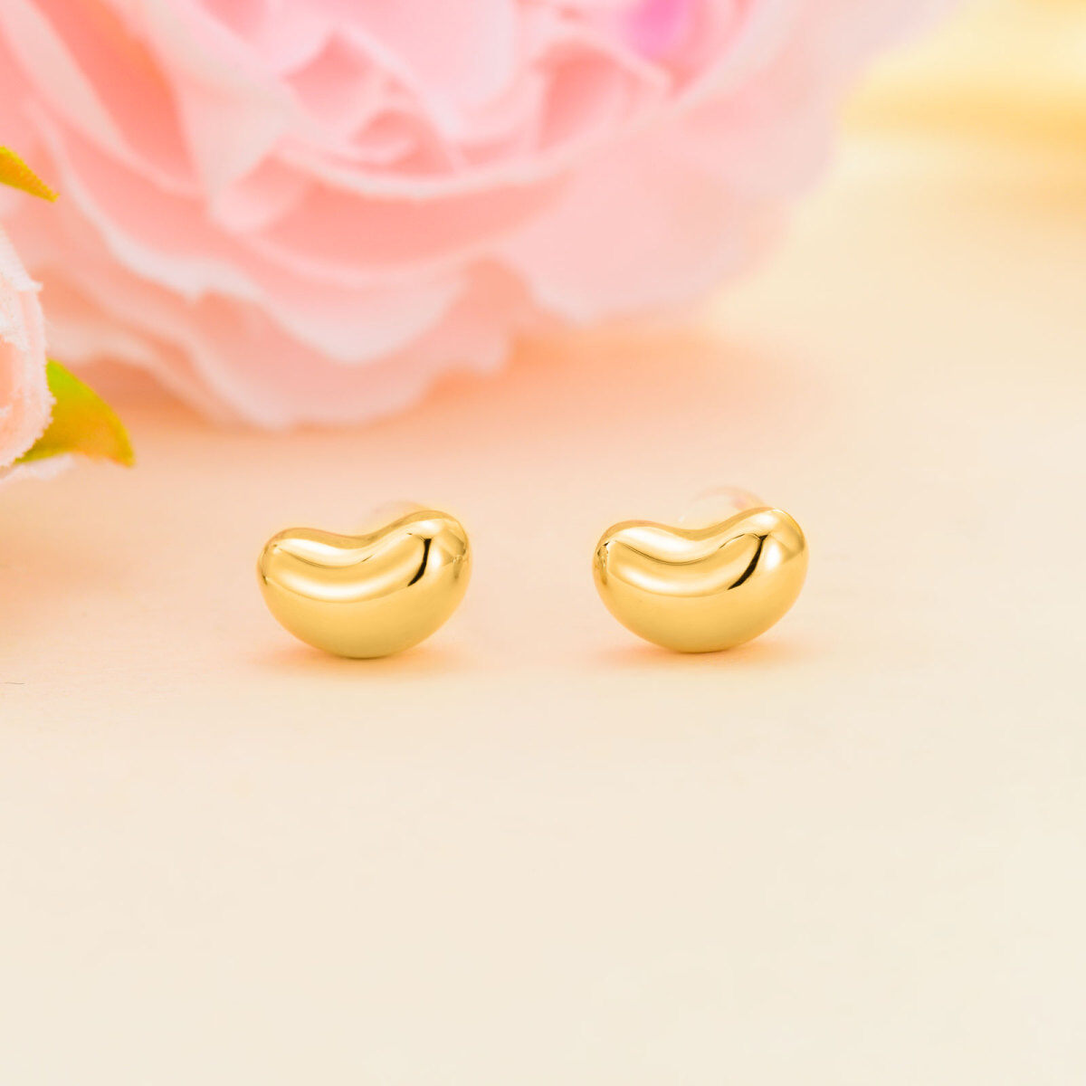 10K Gold Bean Stud Earrings-4