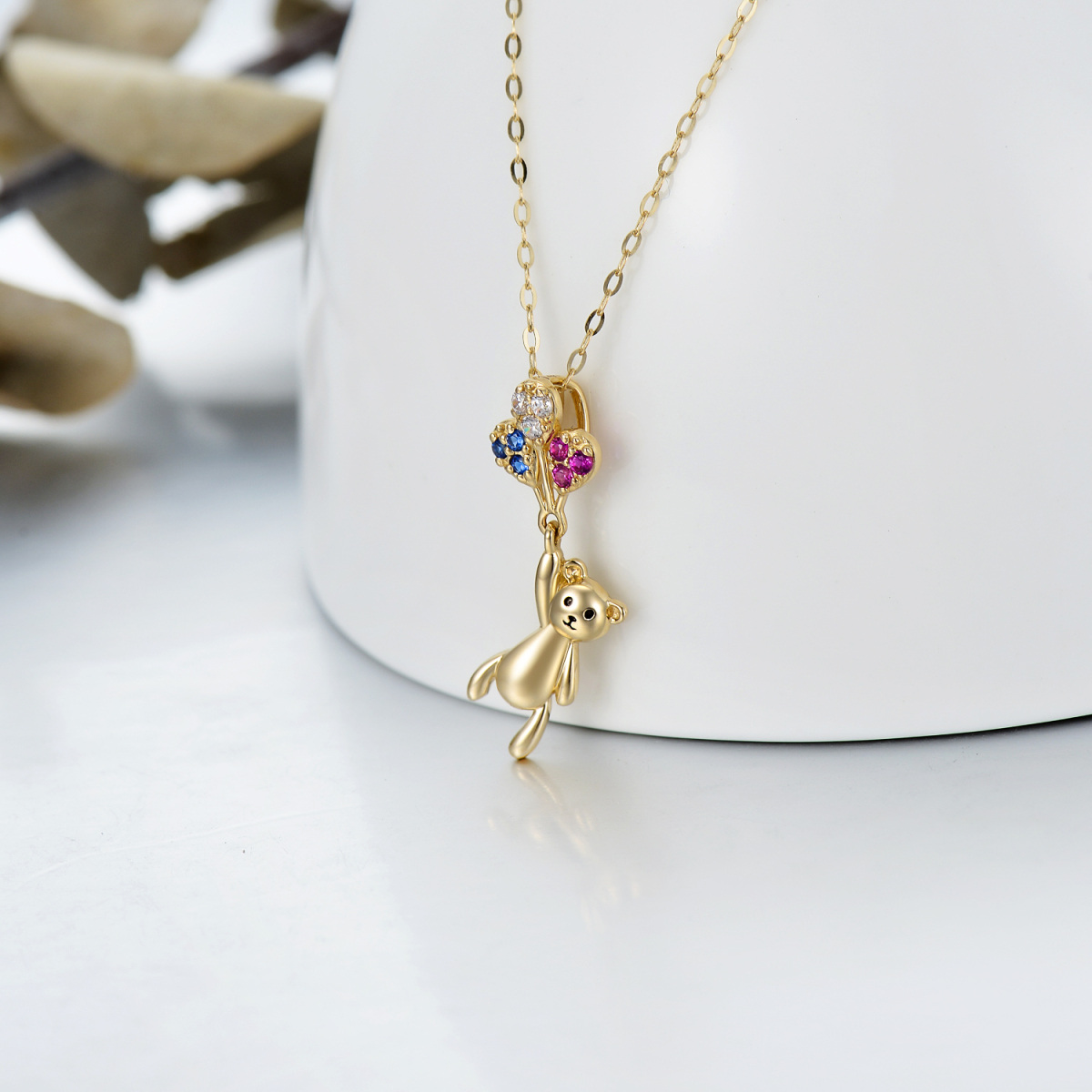 10K Gold Cubic Zirconia Bear & Balloon Pendant Necklace-3