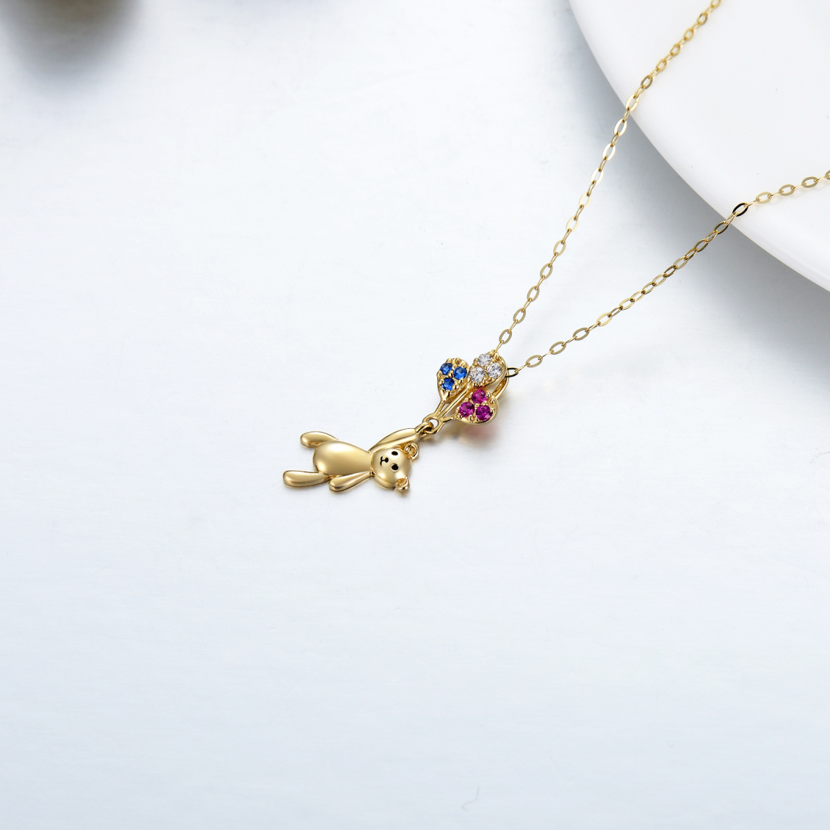 10K Gold Cubic Zirconia Bear & Balloon Pendant Necklace-4