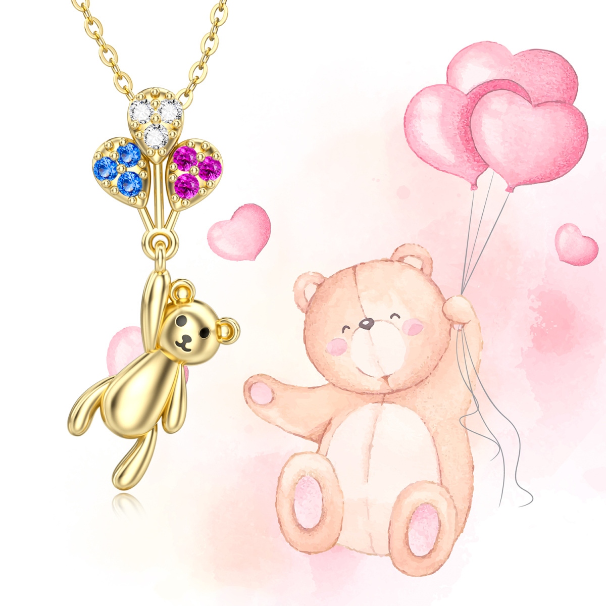 10K Gold Cubic Zirconia Bear & Balloon Pendant Necklace-5