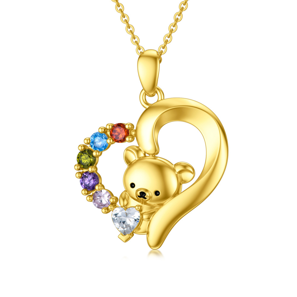 10K Gold Cubic Zirconia Bear & Heart Pendant Necklace-1