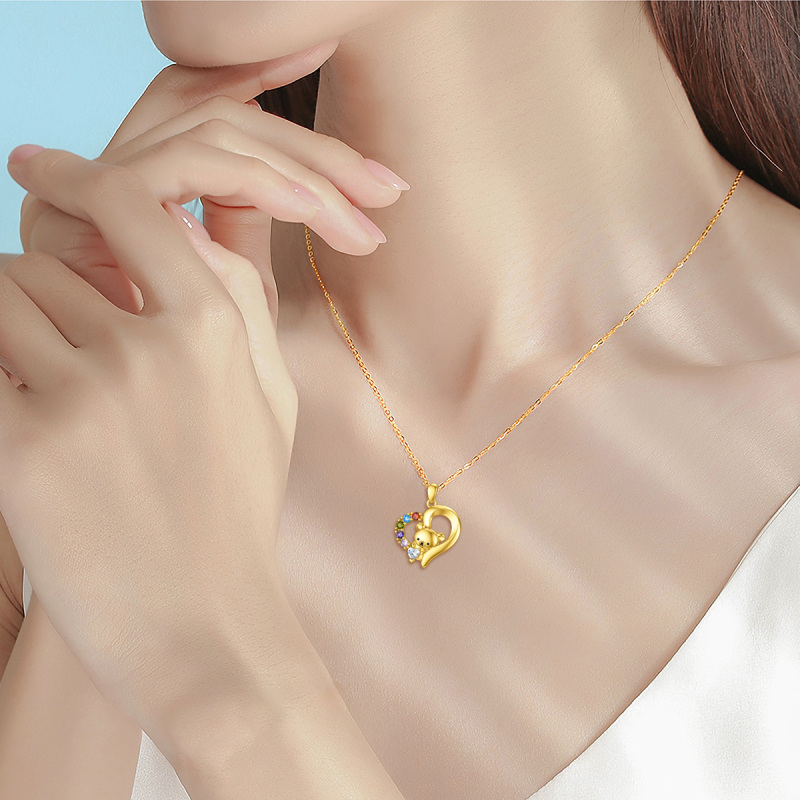 10K White Gold Cubic Zirconia Bear & Heart Pendant Necklace-2