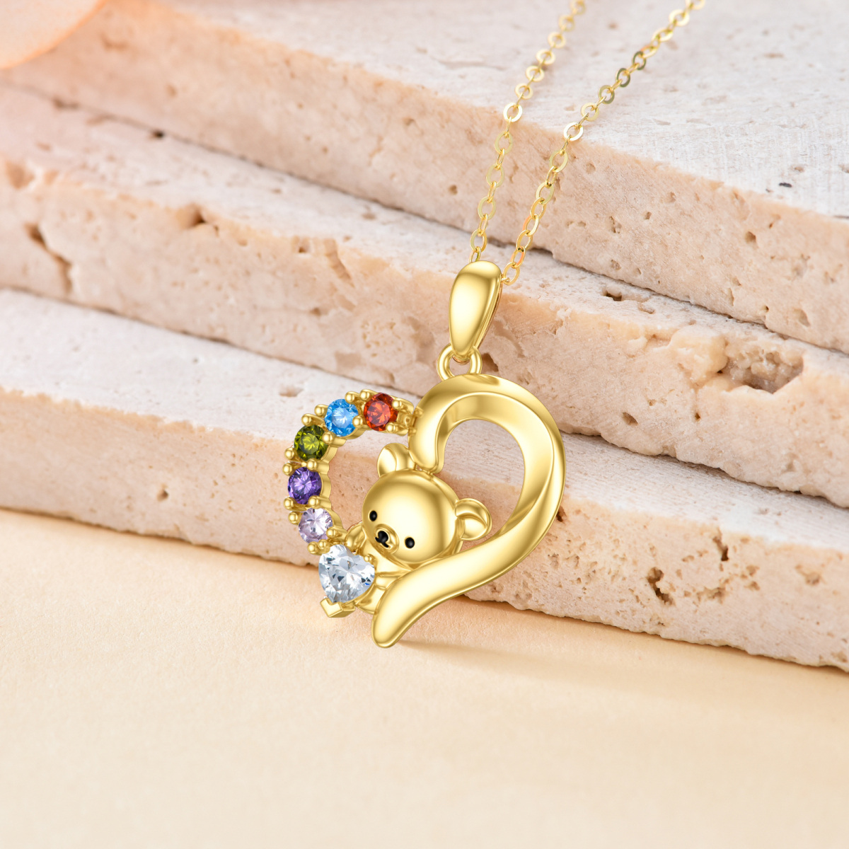 14K Gold Cubic Zirconia Bear & Heart Pendant Necklace-3