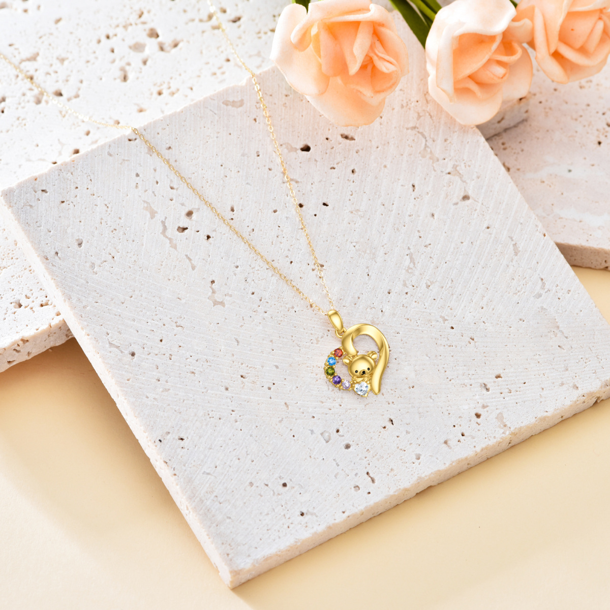 14K Gold Cubic Zirconia Bear & Heart Pendant Necklace-4