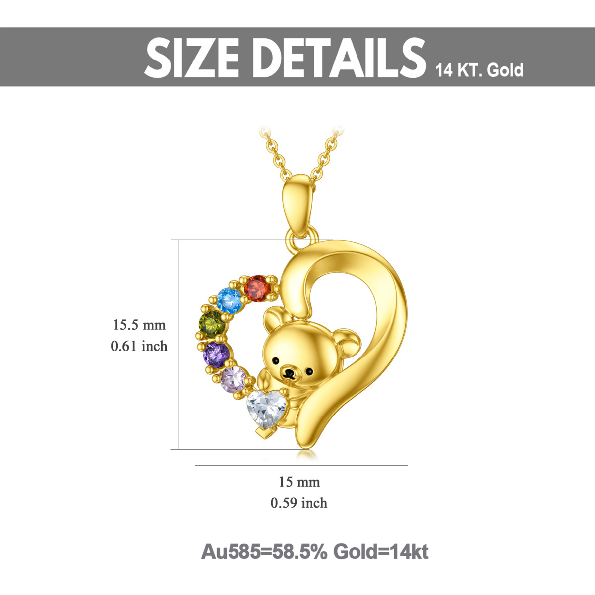 14K Gold Cubic Zirkonia Bär & Herz Anhänger Halskette-5