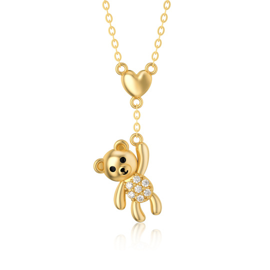 Collana con ciondolo a forma di orso e cuore in oro 14K con zirconia cubica