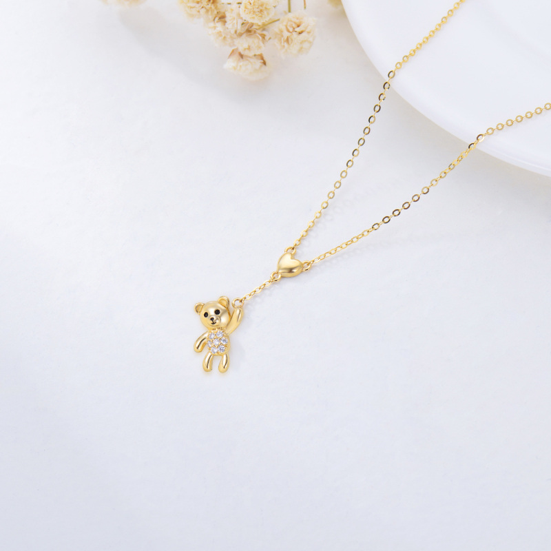 10K Gold Cubic Zirconia Bear & Heart Pendant Necklace-3