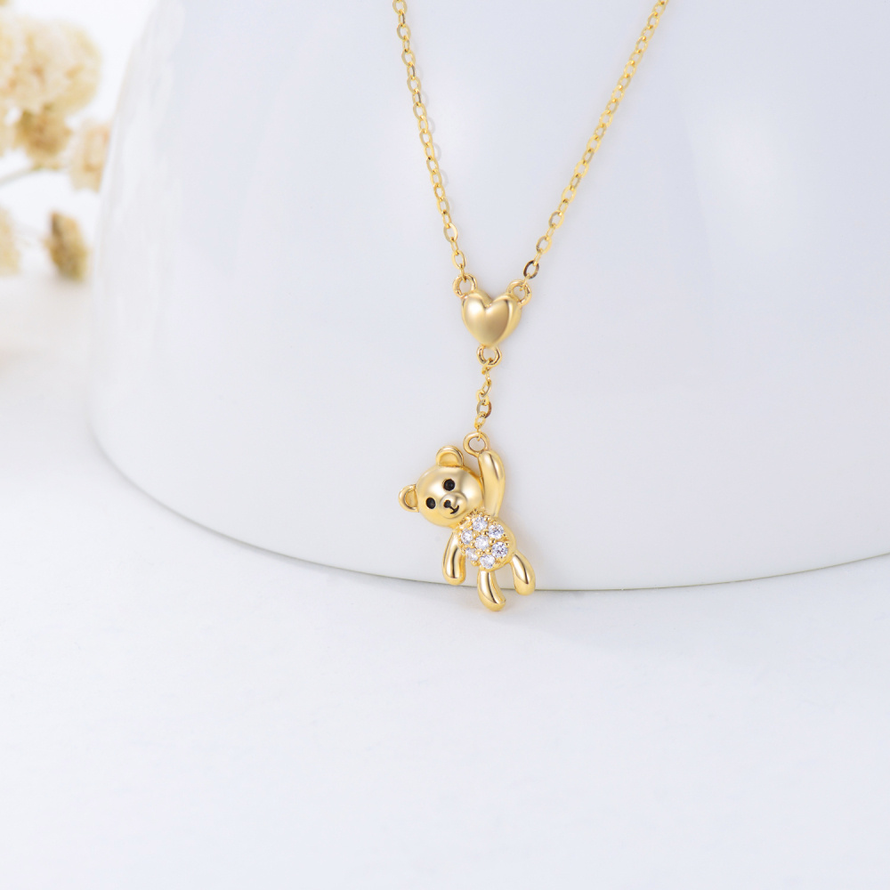 10K Gold Cubic Zirkonia Bär & Herz Anhänger Halskette-4