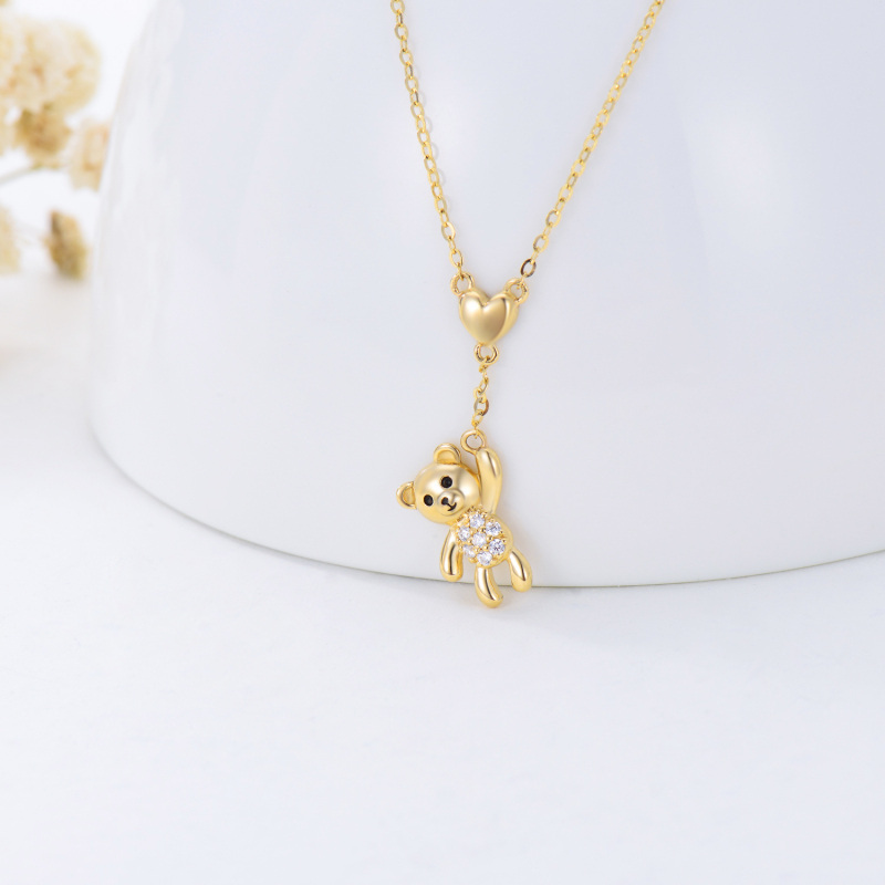 10K Gold Cubic Zirconia Bear & Heart Pendant Necklace-4