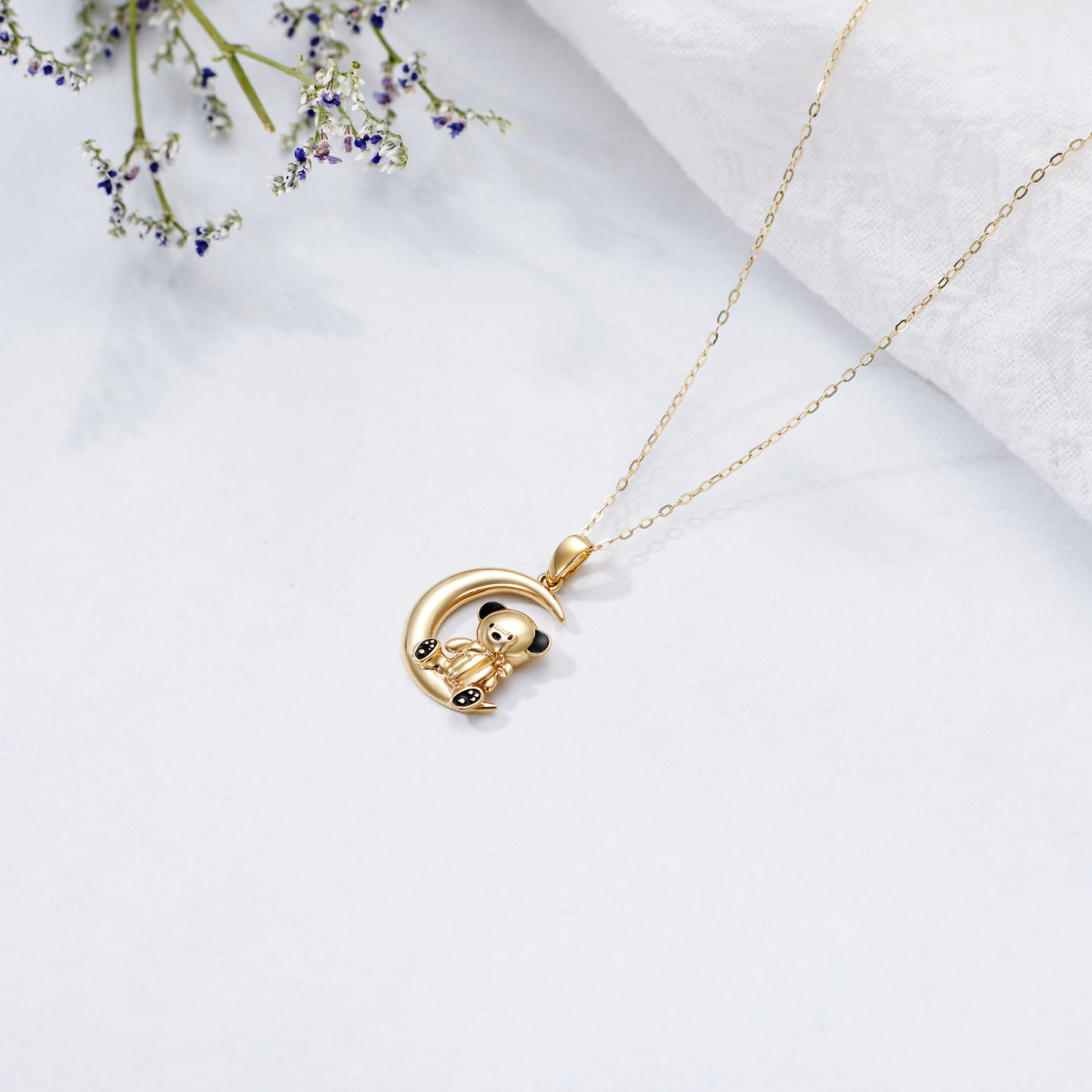 14K Gold Bear & Moon Pendant Necklace-4