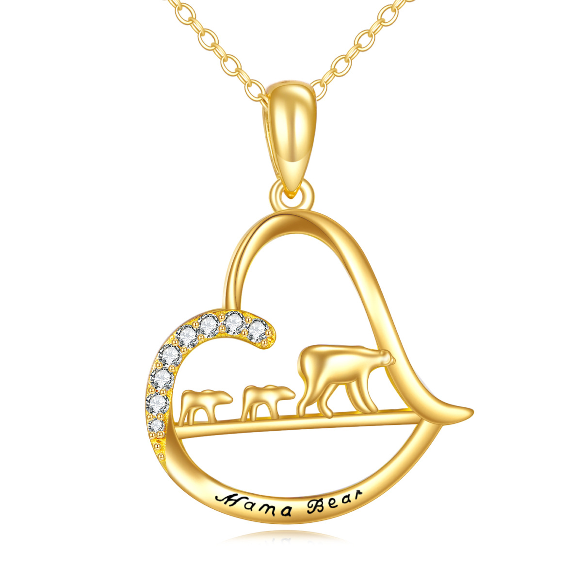 10K Gold Cubic Zirconia Bear & Parents & Children & Heart Pendant Necklace with Engraved Word-1