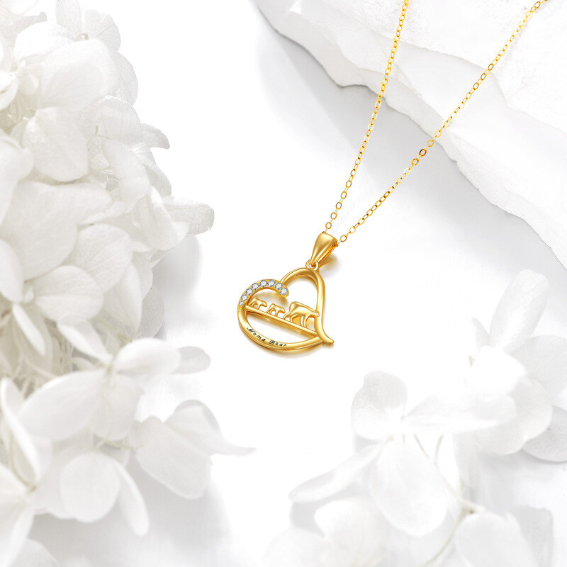 Collar con colgante de oso, padres, hijos y corazón en oro blanco de 10 quilates con circonitas cúbicas y palabra grabada-3