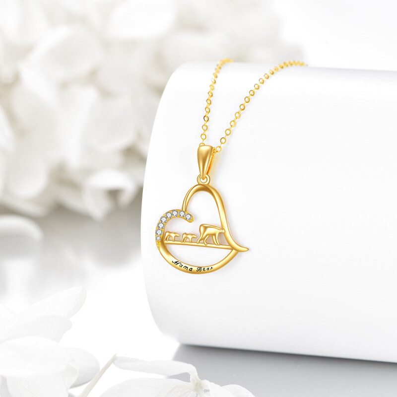 Collar con colgante de oso, padres, hijos y corazón en oro blanco de 10 quilates con circonitas cúbicas y palabra grabada-4