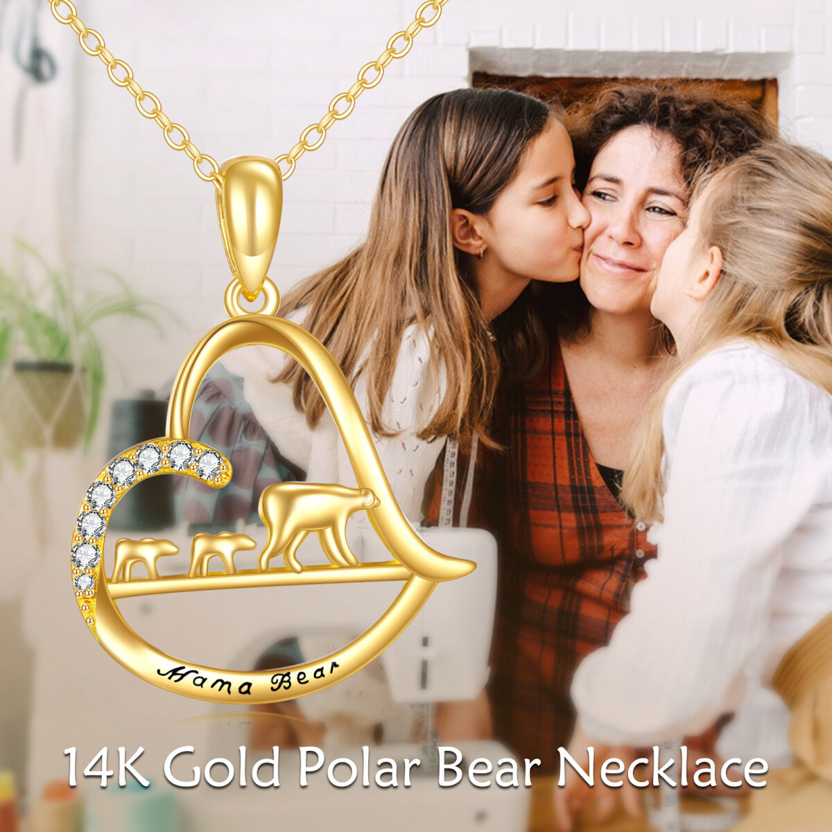 10K Gold Cubic Zirconia Bear & Parents & Children & Heart Pendant Necklace with Engraved Word-6